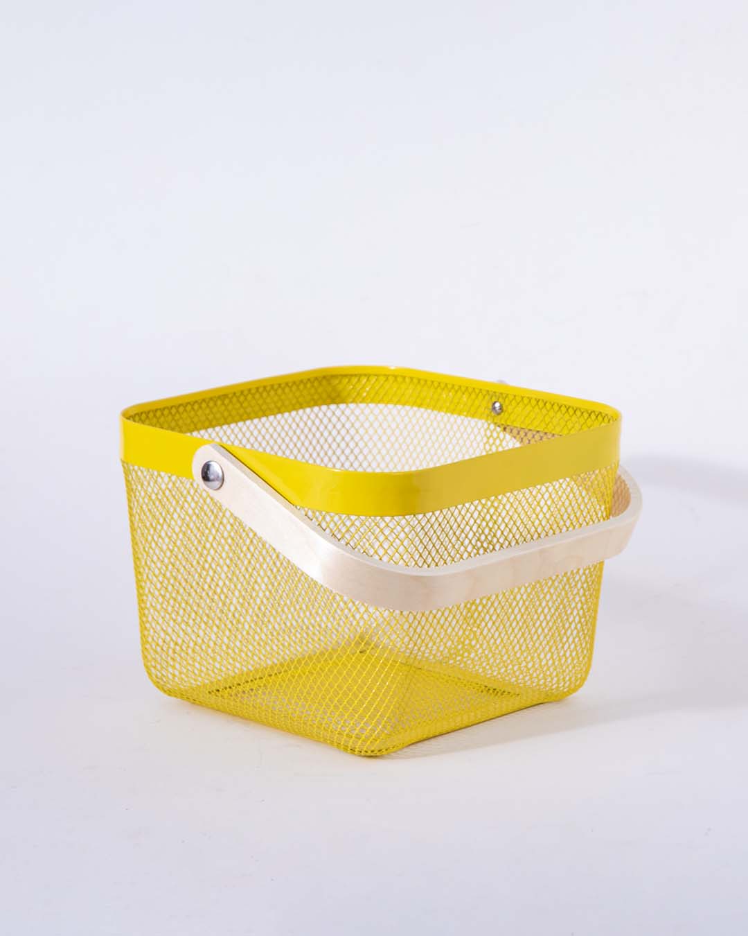 BowLift | Square Metal Storage Basket with Wooden Handle - Yellow - Set of 2