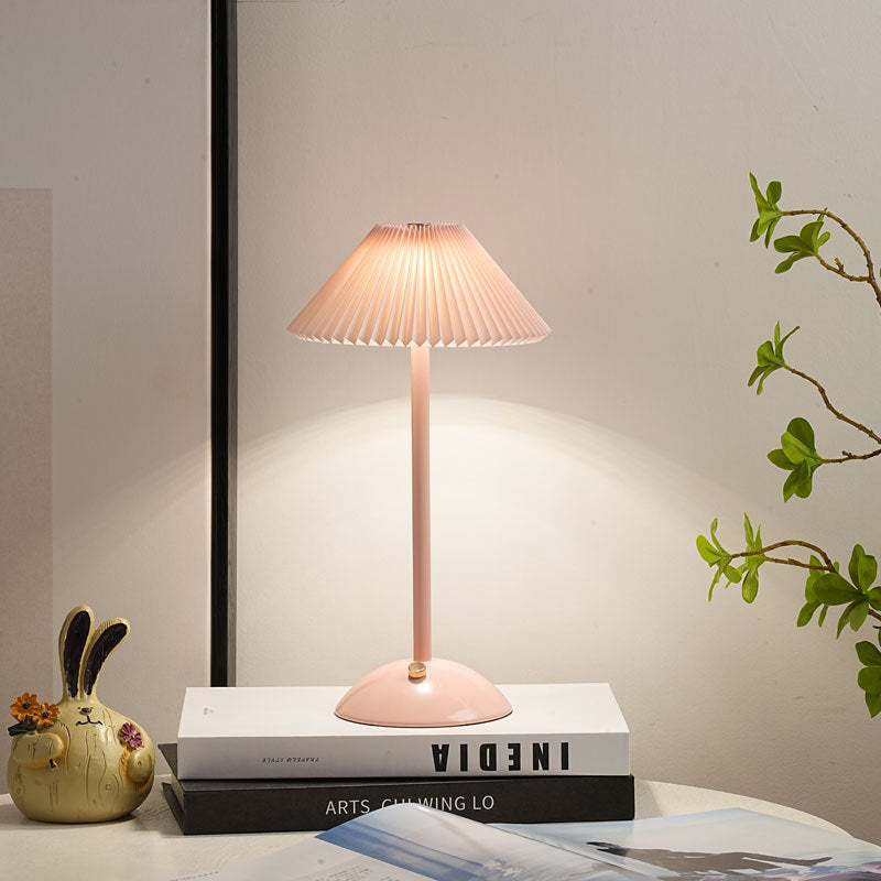 BowLift | Contemporary Scandinavian rechargeable iron fabric cone pleated LED table lamp for bedside