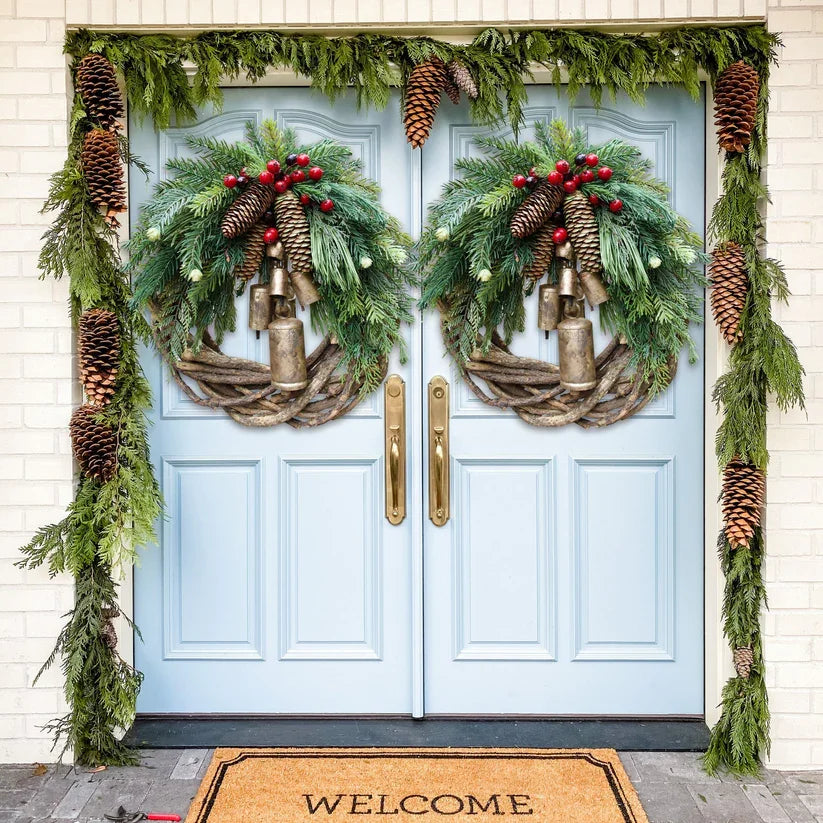 BowLift | Christmas Wreath | Boho Style | Rustic Vine Base with Pinecones & Golden Bells