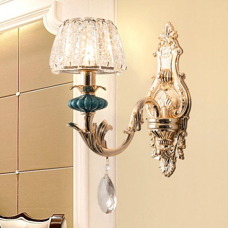 BowLift | Gold Small Drum Wall Mount Lighting Traditional Etched Crystal 1/2-Bulb Bedroom Wall Lamp Fixture