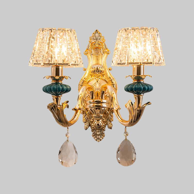 BowLift | Gold Small Drum Wall Mount Lighting Traditional Etched Crystal 1/2-Bulb Bedroom Wall Lamp Fixture