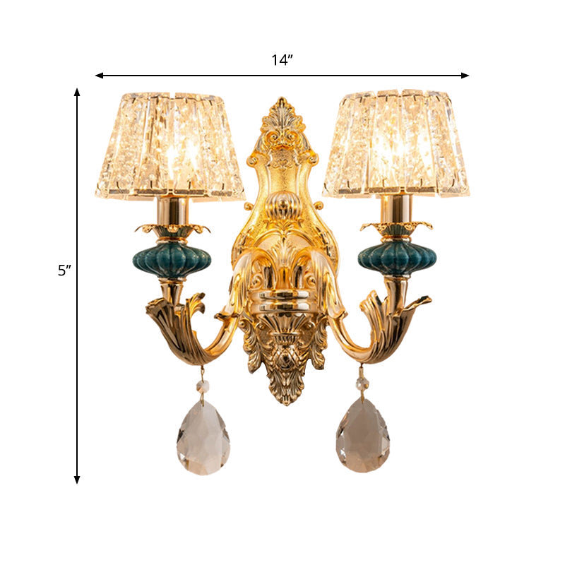 BowLift | Gold Small Drum Wall Mount Lighting Traditional Etched Crystal 1/2-Bulb Bedroom Wall Lamp Fixture