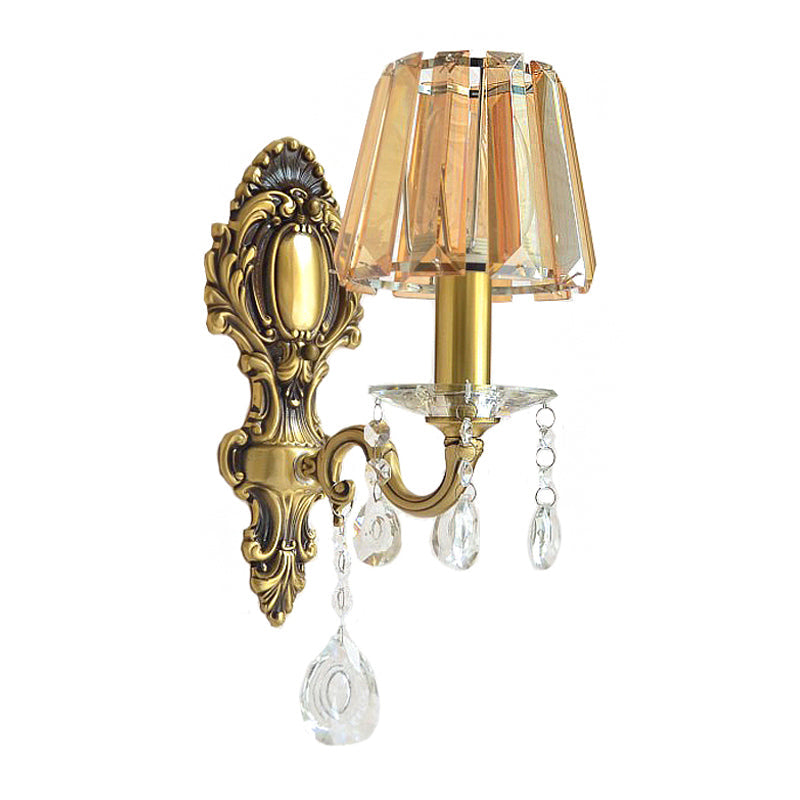 BowLift | 1-Light Candle Wall Lamp Traditional Brass Metal Wall Lighting with Conical Clear Crystal Shade