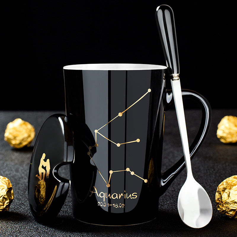 BowLift | 12 Zodiac Signs Black Ceramic Mug with Lid Spoon