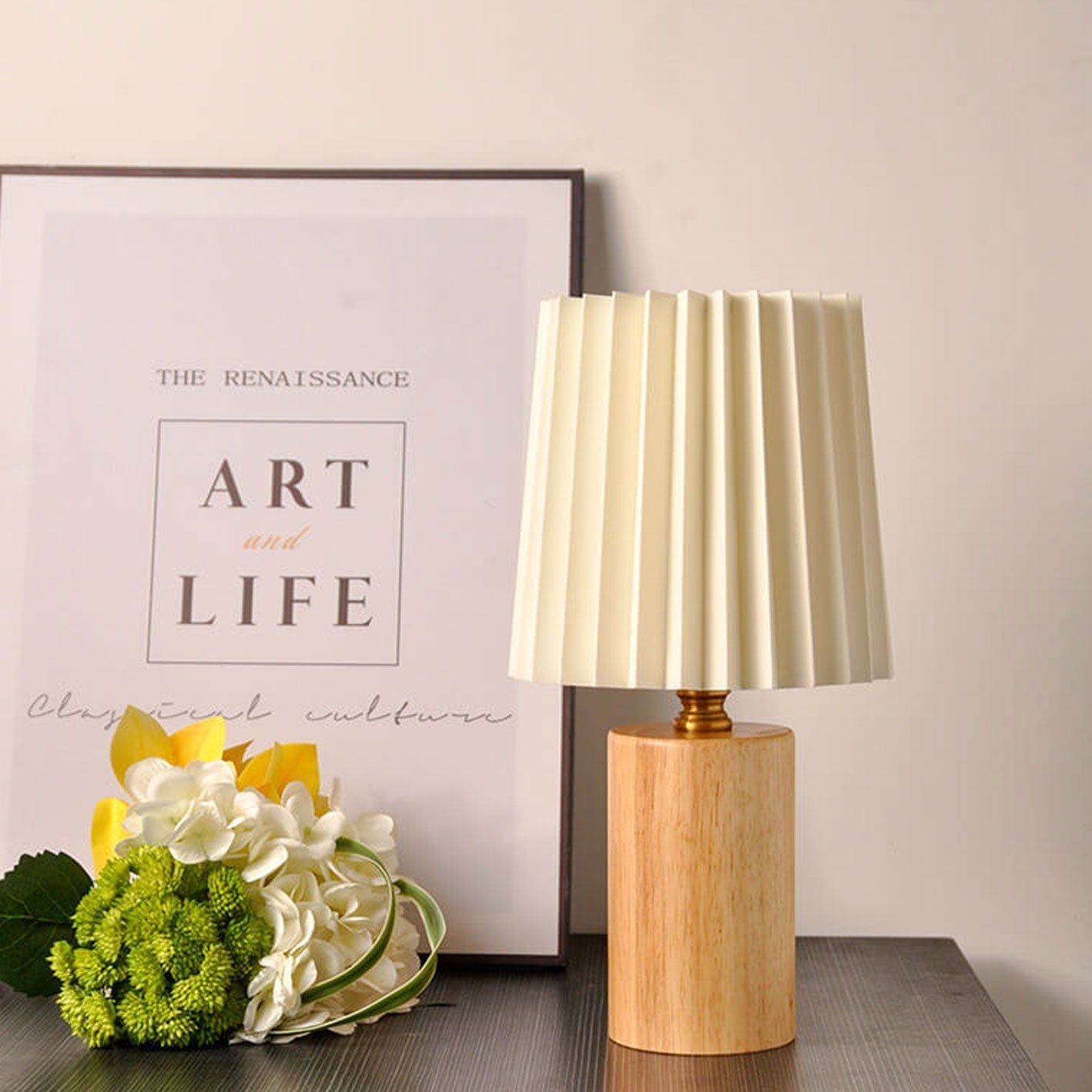 BowLift | Vintage Korean Pleated Column Solid Wood Base 1-Light Table Lamp