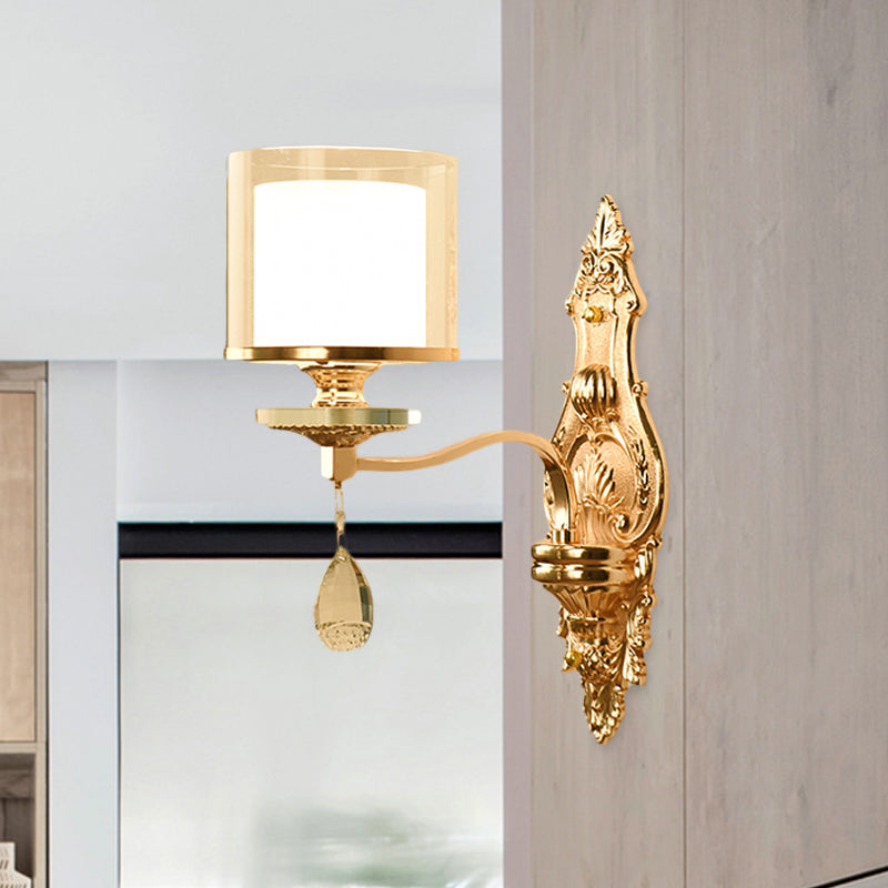 BowLift | 1 Light Wall Mounted Lamp Retro Living Room Wall Light with Layered Socket Clear and Matte Glass Shade, Gold
