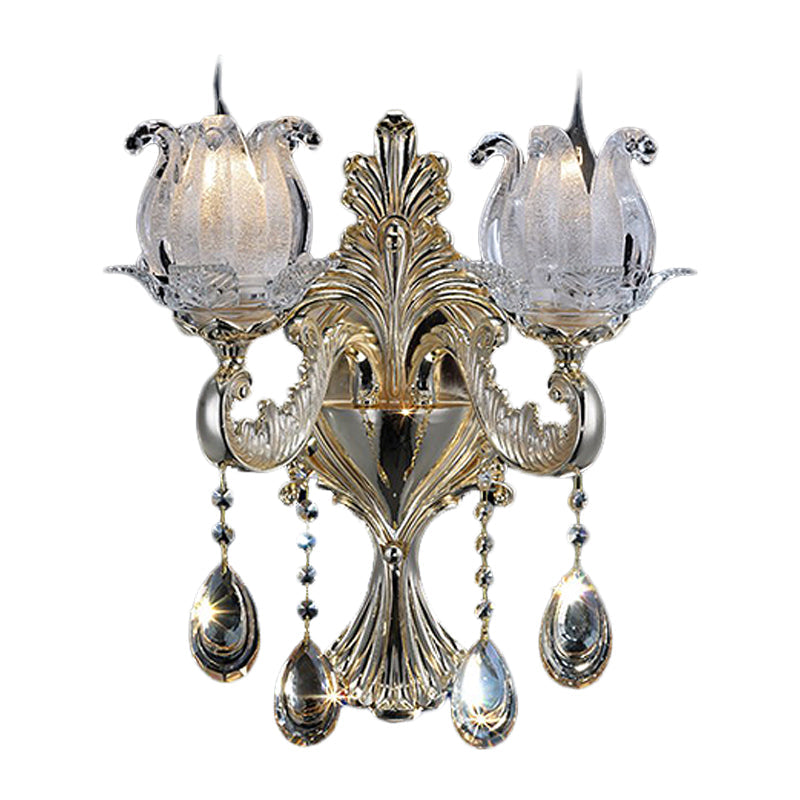 BowLift | 1/2-Light Frosted Glass Wall Lamp Traditional Gold Semi-Open Flower Living Room Wall-Mounted Light