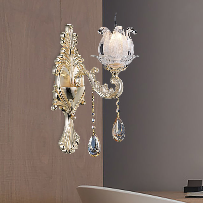 BowLift | 1/2-Light Frosted Glass Wall Lamp Traditional Gold Semi-Open Flower Living Room Wall-Mounted Light
