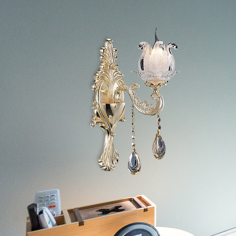 BowLift | 1/2-Light Frosted Glass Wall Lamp Traditional Gold Semi-Open Flower Living Room Wall-Mounted Light