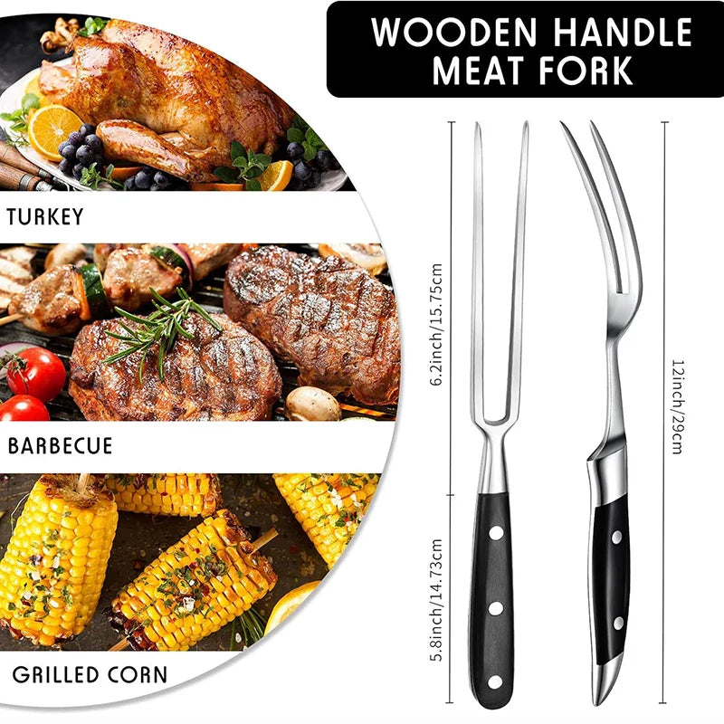 12" Stainless Steel Meat Fork with Wooden Handle for Grill BBQ Cooking | Bowlift