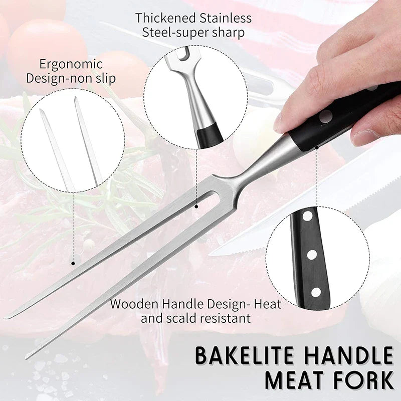 12" Stainless Steel Meat Fork with Wooden Handle for Grill BBQ Cooking | Bowlift