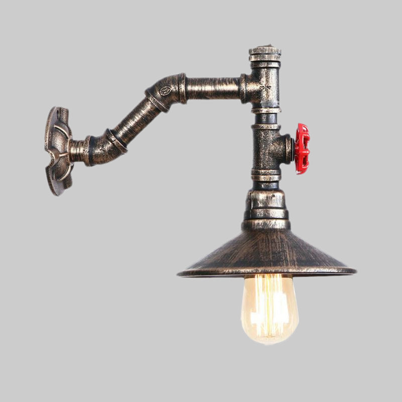 BowLift | 1 bulb conical wall mount light rustic style antique bronze metal wall lighting with piping