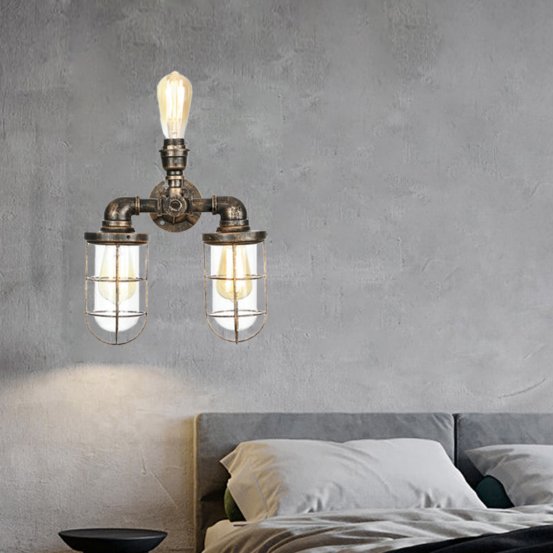 BowLift | 3 Heads Water Pipe Wall Mounted Light with Cage Shade Nautical Design Antique Brass Iron Wall Lighting