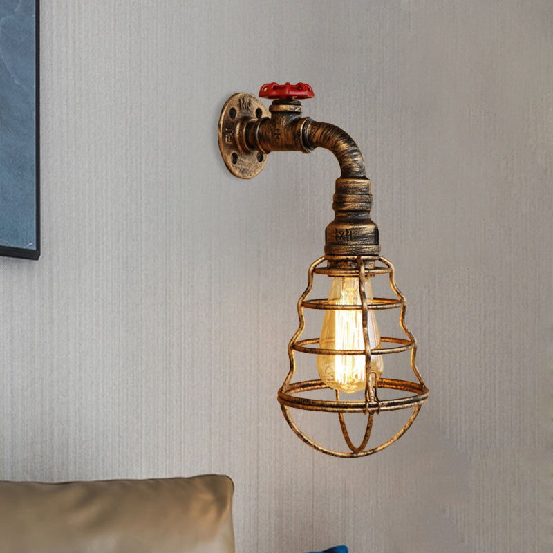 BowLift | 1 head cage bulb-shaped wall lamp farmhouse style antique bronze iron wall light with valve wheel
