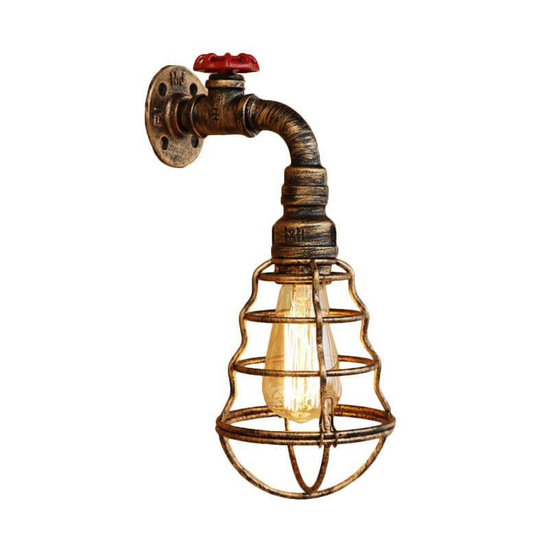 BowLift | 1 head cage bulb-shaped wall lamp farmhouse style antique bronze iron wall light with valve wheel