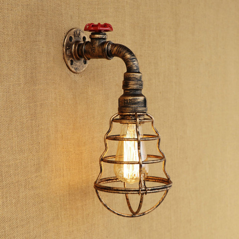 BowLift | 1 head cage bulb-shaped wall lamp farmhouse style antique bronze iron wall light with valve wheel