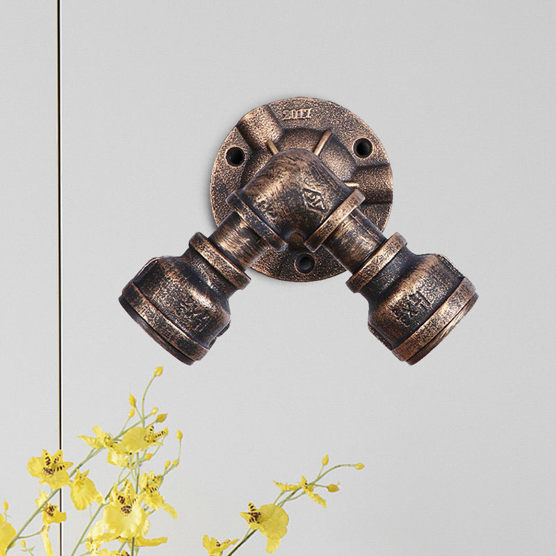BowLift | 2 Heads Wall Lamp Fixture with Pipe Forged Iron Shade Rustic Style Living Room Wall Lamp Light in Aged Bronze