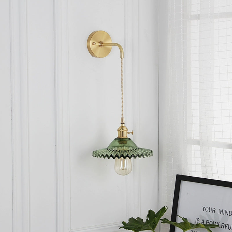 BowLift | Green glass wavy wall lamp industrial 1 light living room lighting fixture in brass
