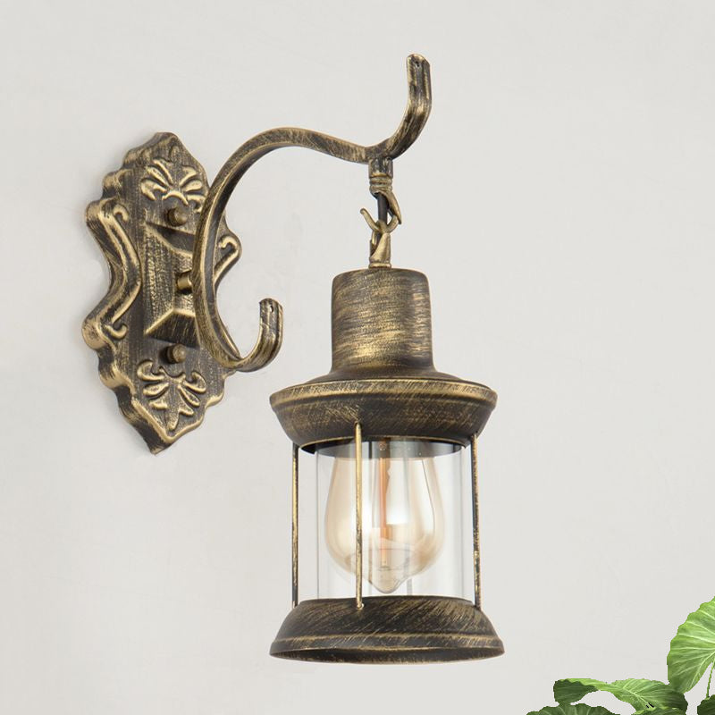 BowLift | 1 Light Bulb Kerosene Wall Mounted Light Rustic Style Aged Bronze Clear Glass Lighting with Engraved Pattern