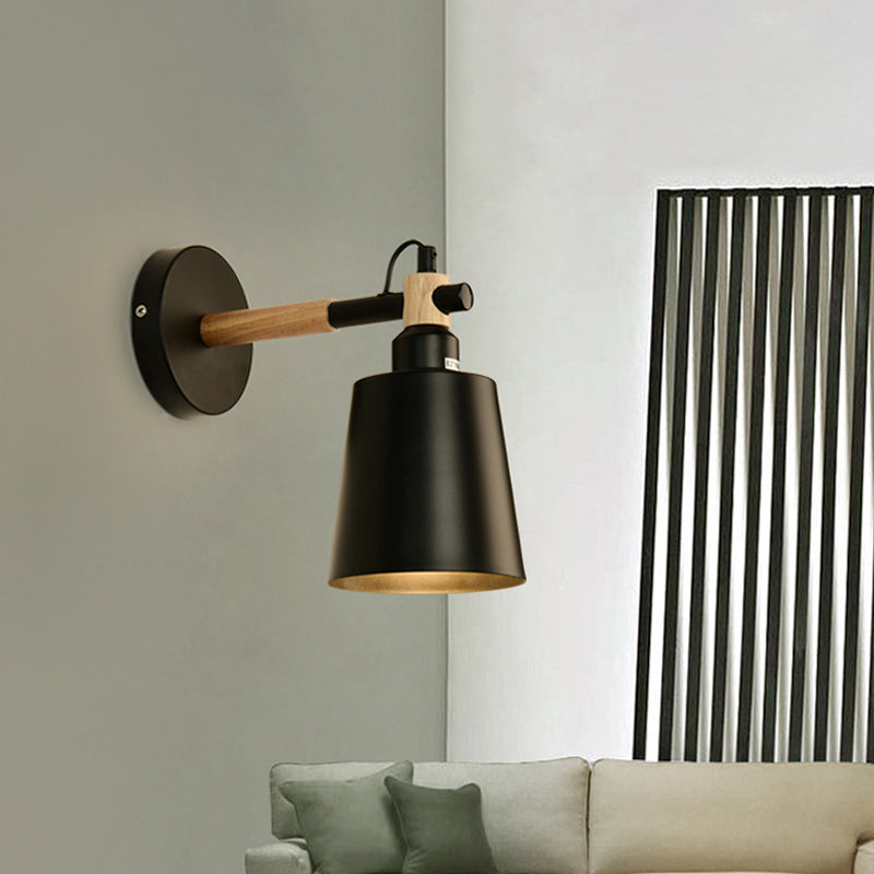 BowLift | 1 Light cylindrical wall lamp fixture in modernist style Black metal wall lamp with wood connection for the bedroom