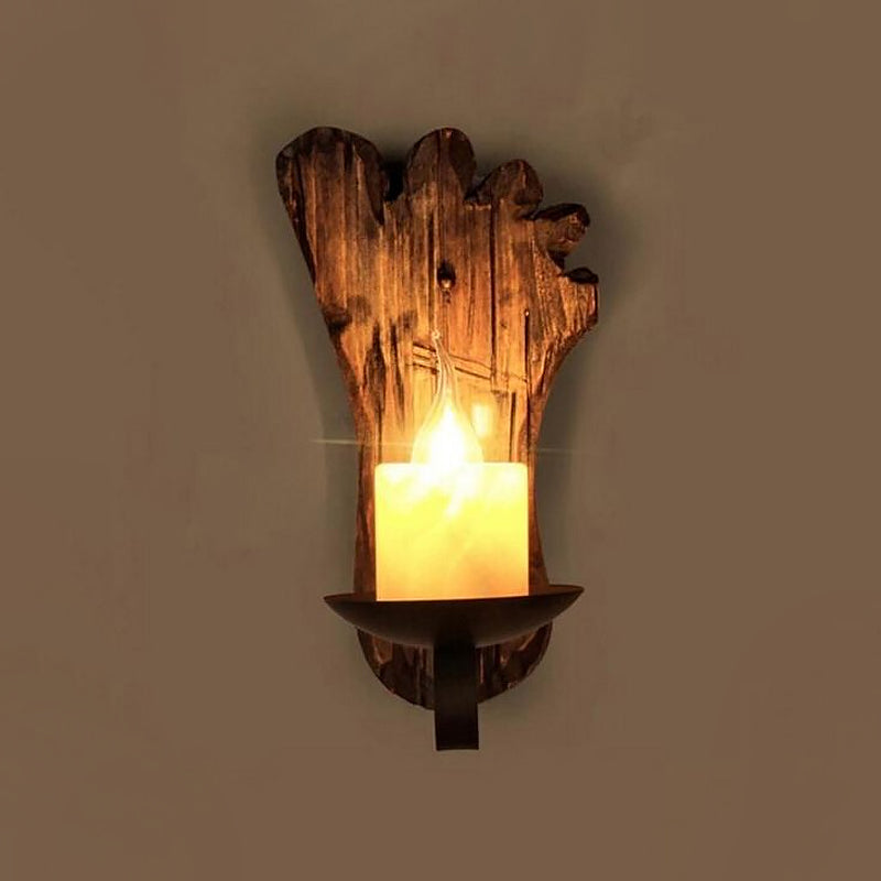 BowLift | Cylinder Coffee Shop Wall Light Fixture Artificial Marble 1 Light Brown Wall Lamp with Wood Semi-Cap/Base/Rectangle Base