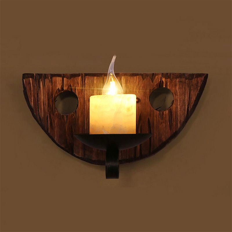 BowLift | Cylinder Coffee Shop Wall Light Fixture Artificial Marble 1 Light Brown Wall Lamp with Wood Semi-Cap/Base/Rectangle Base