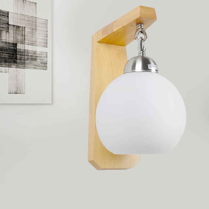 BowLift | Opal Glass Globe Shade Wall Lamp Industrial 1 Light Bedroom Lighting Fixture with Wooden Back Plate