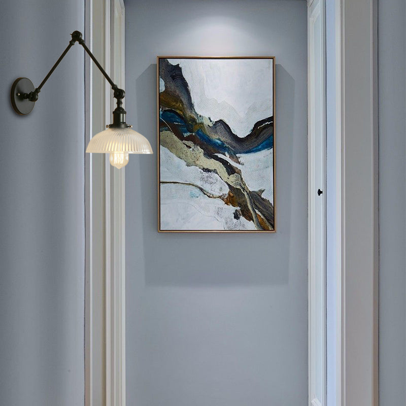 BowLift | 1 Light Ribbed Glass Wall Lamp Light Industrial Antique Brass/Black/Rust Dome Living Room Lighting Fixture with Swing Arm