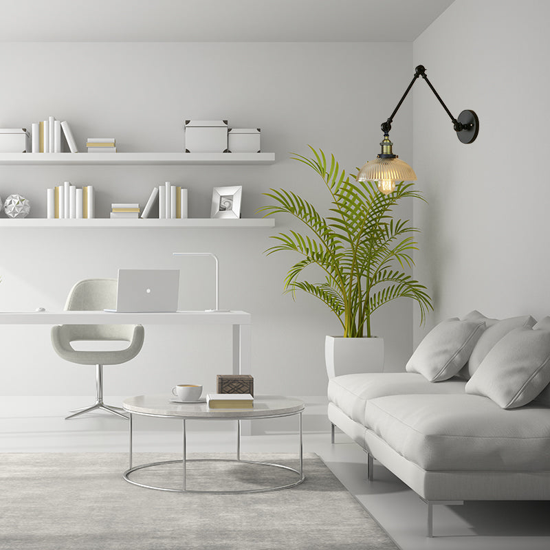 BowLift | 1 Light Ribbed Glass Wall Lamp Light Industrial Antique Brass/Black/Rust Dome Living Room Lighting Fixture with Swing Arm