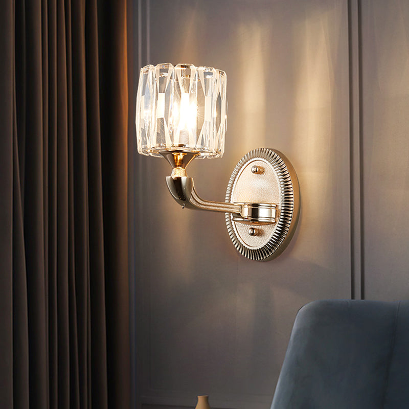 BowLift | 1/2-head bevel cut crystal wall lamp contemporary gold cylinder living room wall mounted light