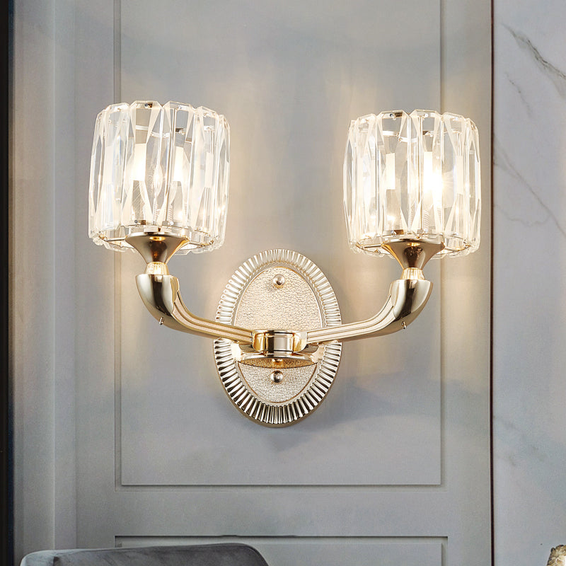 BowLift | 1/2-head bevel cut crystal wall lamp contemporary gold cylinder living room wall mounted light