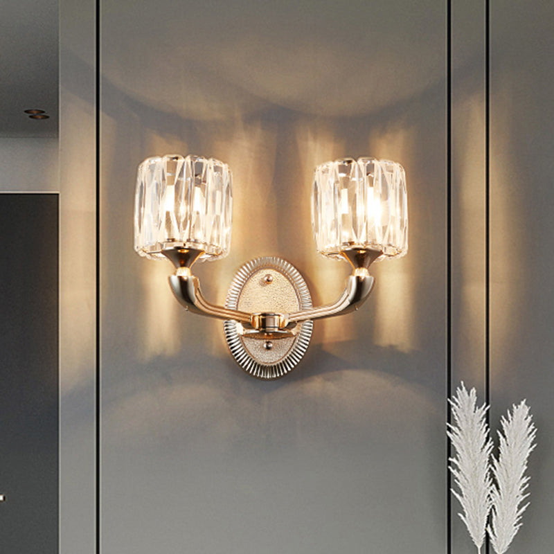 BowLift | 1/2-head bevel cut crystal wall lamp contemporary gold cylinder living room wall mounted light