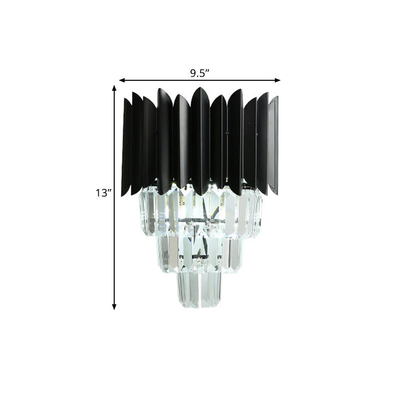 BowLift | 2 Bulb Cone Wall Mounted Light Modern Black Finish Clear Crystal Prisms Flush Wall Sconces