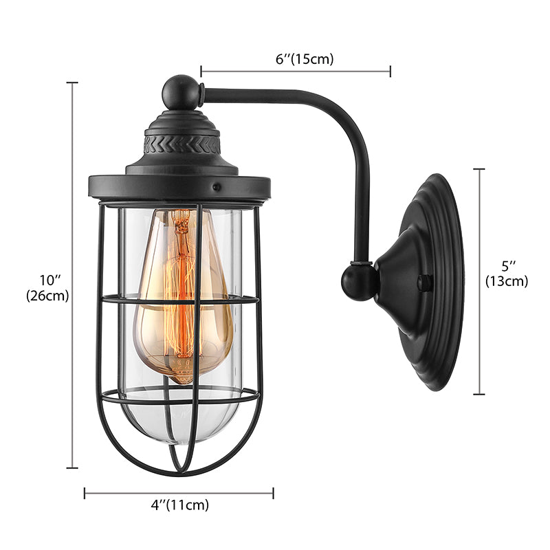 BowLift | Industrial wire cage wall lighting 1/2-lamp clear glass wall lamp in black for stairs.