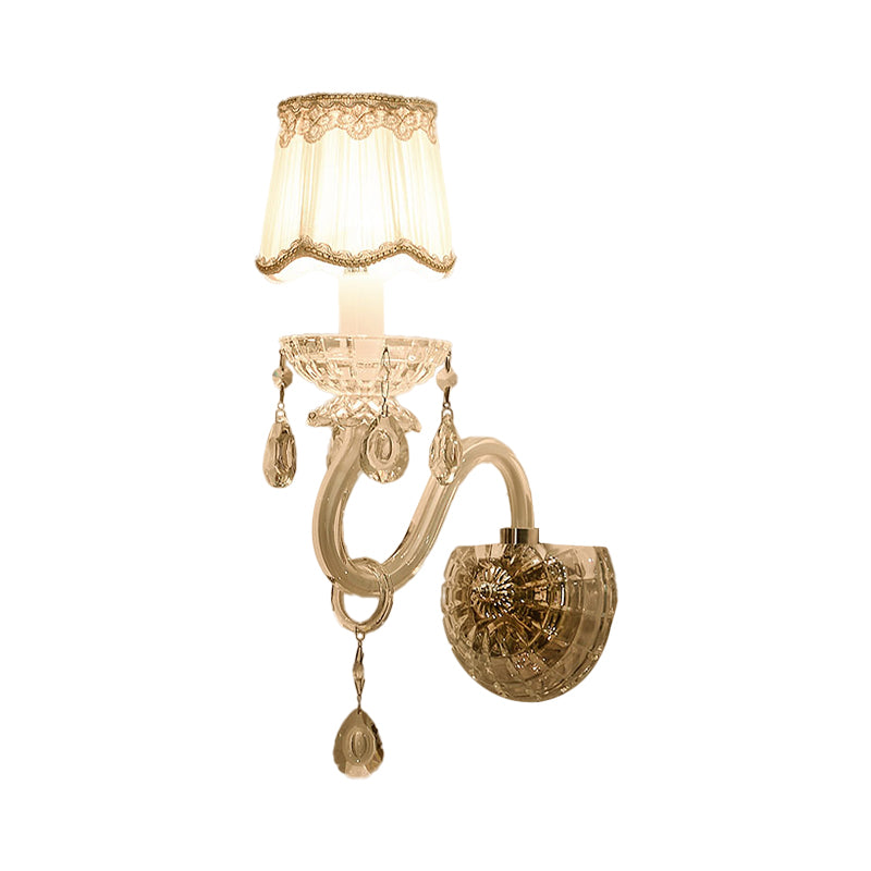BowLift | 1/2-Light Candles Wall Lamp Traditional White Surface Clear Crystal Wall Light with Curved Base Pleated Fabric Shade