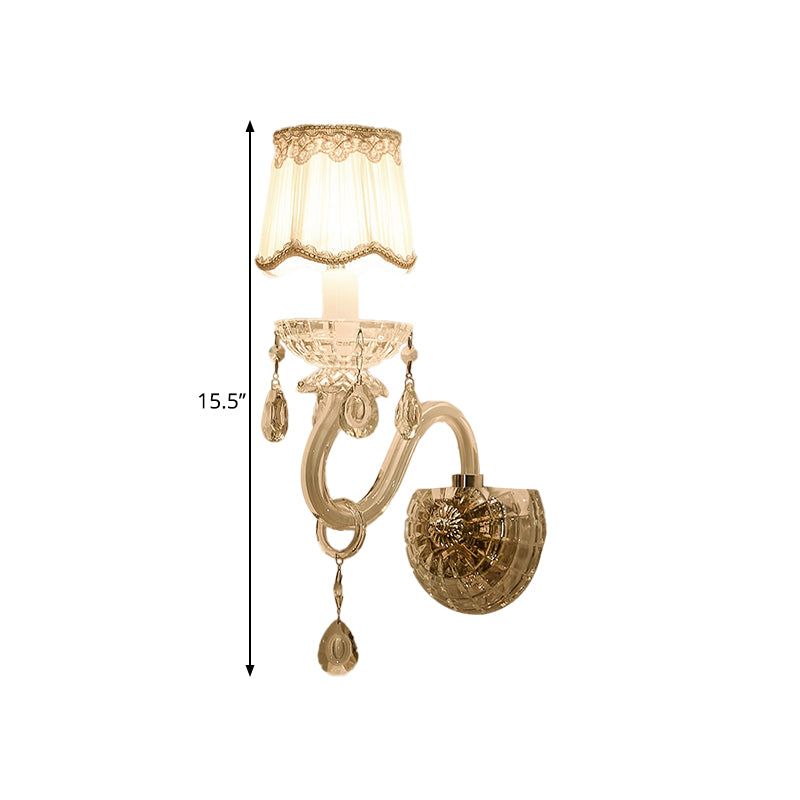 BowLift | 1/2-Light Candles Wall Lamp Traditional White Surface Clear Crystal Wall Light with Curved Base Pleated Fabric Shade