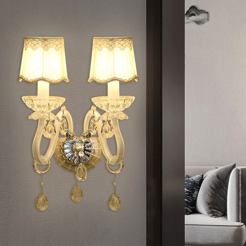 BowLift | 1/2-Light Candles Wall Lamp Traditional White Surface Clear Crystal Wall Light with Curved Base Pleated Fabric Shade