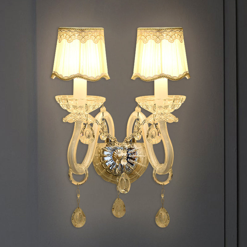 BowLift | 1/2-Light Candles Wall Lamp Traditional White Surface Clear Crystal Wall Light with Curved Base Pleated Fabric Shade