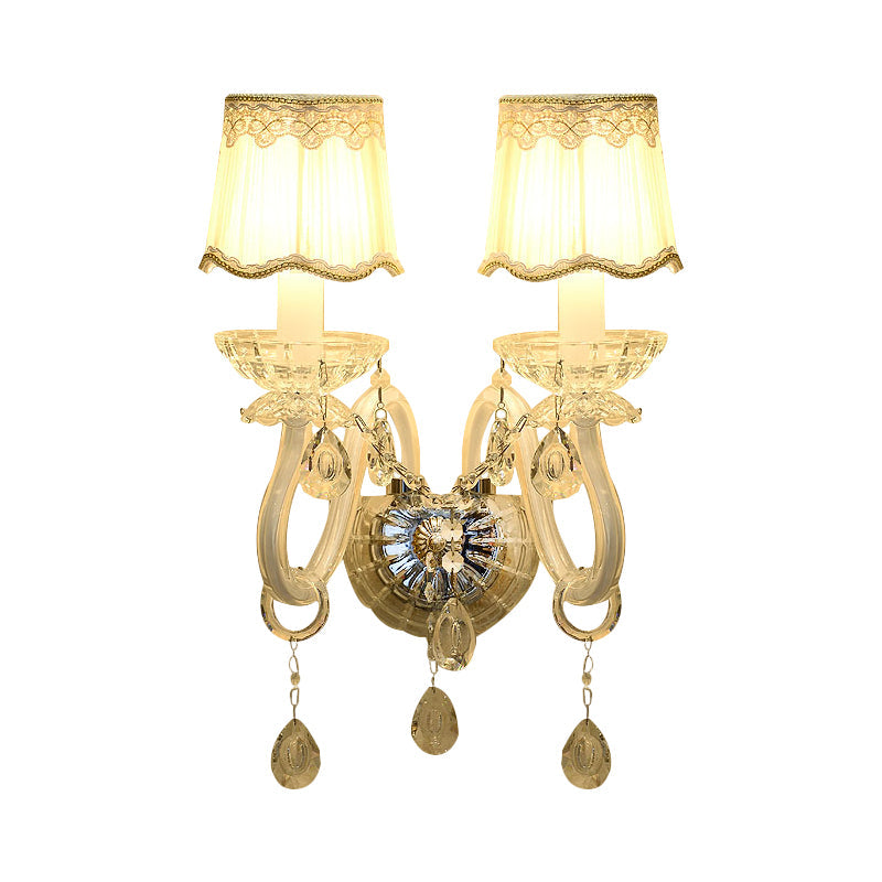BowLift | 1/2-Light Candles Wall Lamp Traditional White Surface Clear Crystal Wall Light with Curved Base Pleated Fabric Shade
