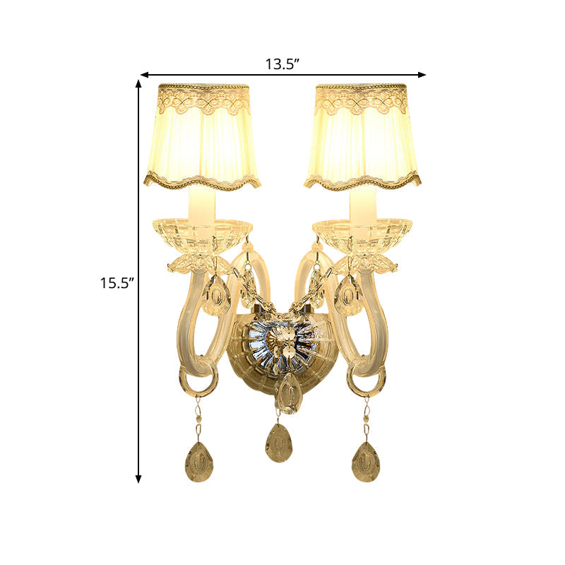 BowLift | 1/2-Light Candles Wall Lamp Traditional White Surface Clear Crystal Wall Light with Curved Base Pleated Fabric Shade