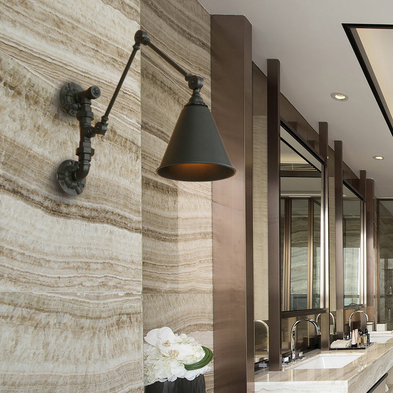 BowLift | 1 Bulb Swing Arm Wall Lamp Lighting Industrial Black Metal Wall Mount Light with Cone Shade