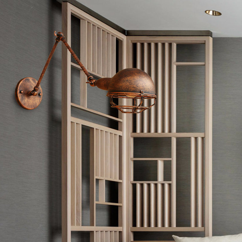 BowLift | 1 Bulb Pendant Light with Cage Shade Metal Antique Stylish Farmhouse Adjustable Wall Lamp in Rust