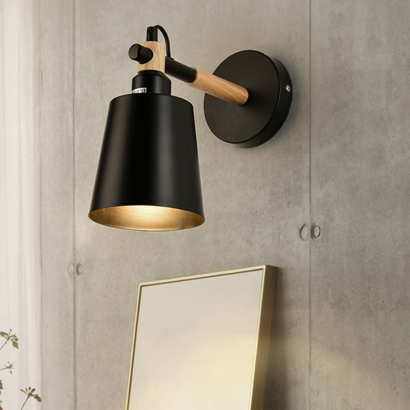 BowLift | 1 Light cylindrical wall lamp fixture in modernist style Black metal wall lamp with wood connection for the bedroom