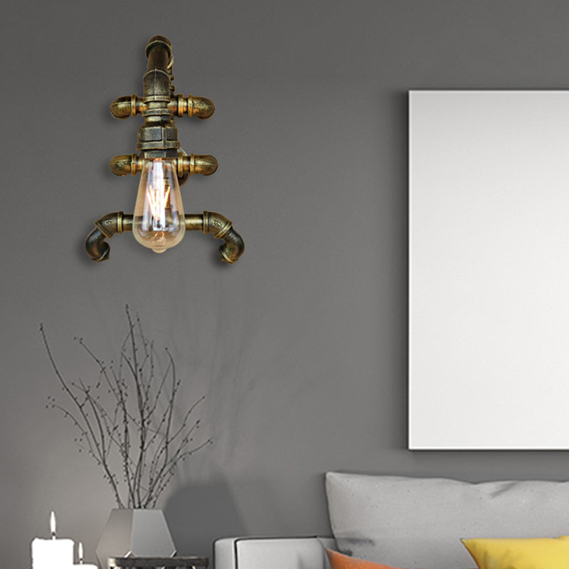 BowLift | Expose Bulb Bathroom Wall Lighting Steampunk Iron 1 Light Antique Brass Wall Lamp with Curved Pipe