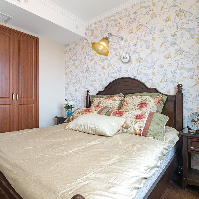 BowLift | 1 Light Flare Wall Light Fixture Industrial Design Chrome Amber Textured Glass Wall Lamp for Bedroom