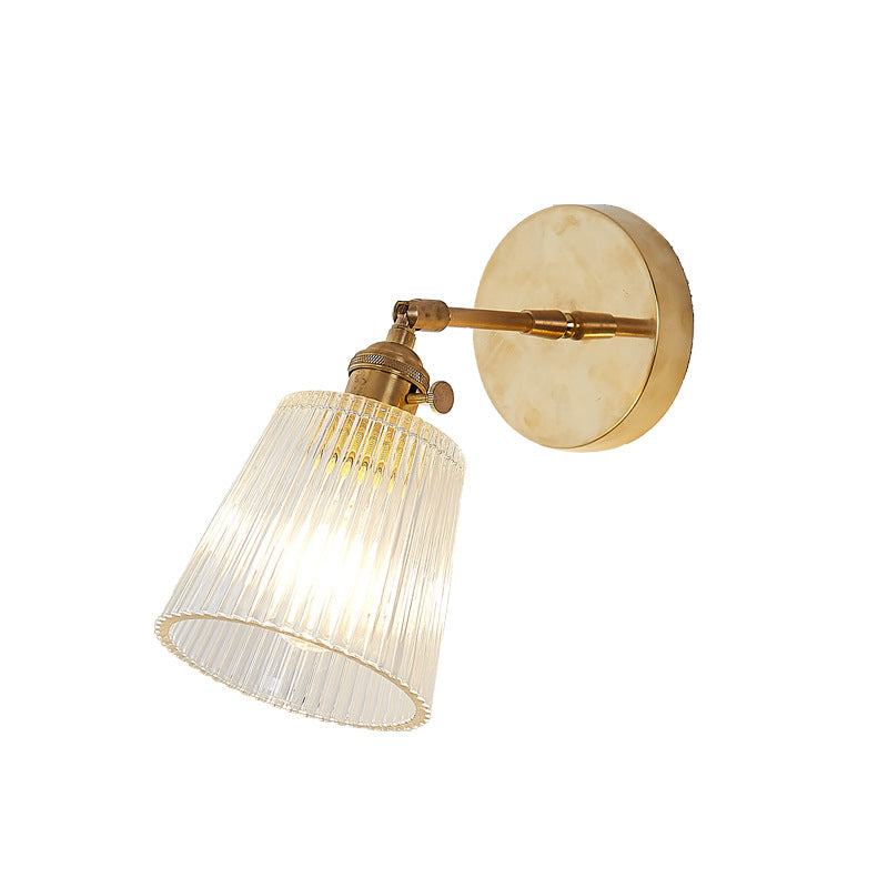 BowLift | 1 Light Clear Ribbed Glass Wall Lamp Light Industrial Brass Cone Living Room Lighting Fixture