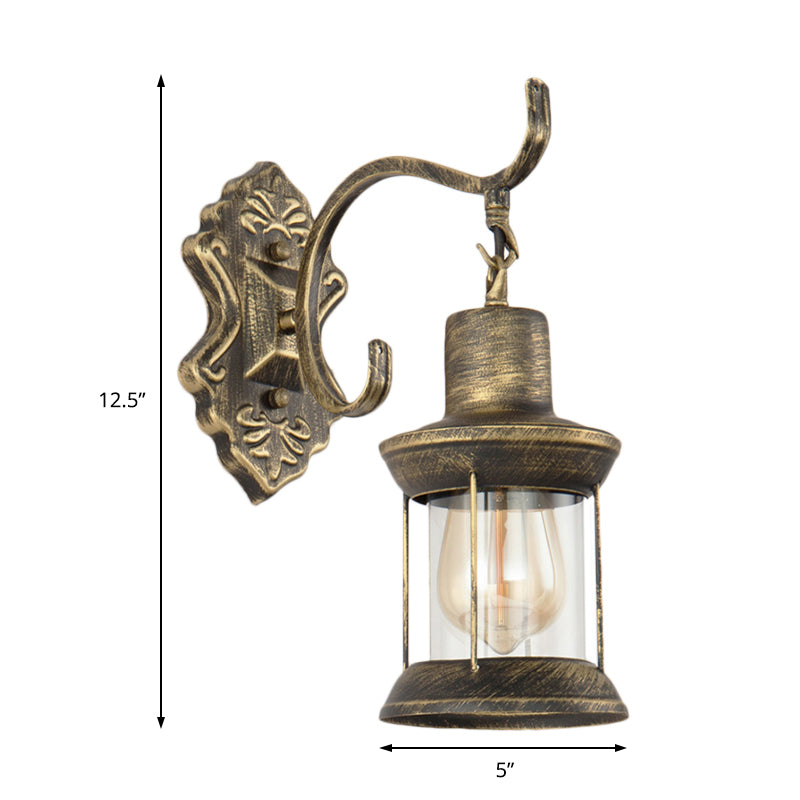 BowLift | 1 Light Bulb Kerosene Wall Mounted Light Rustic Style Aged Bronze Clear Glass Lighting with Engraved Pattern
