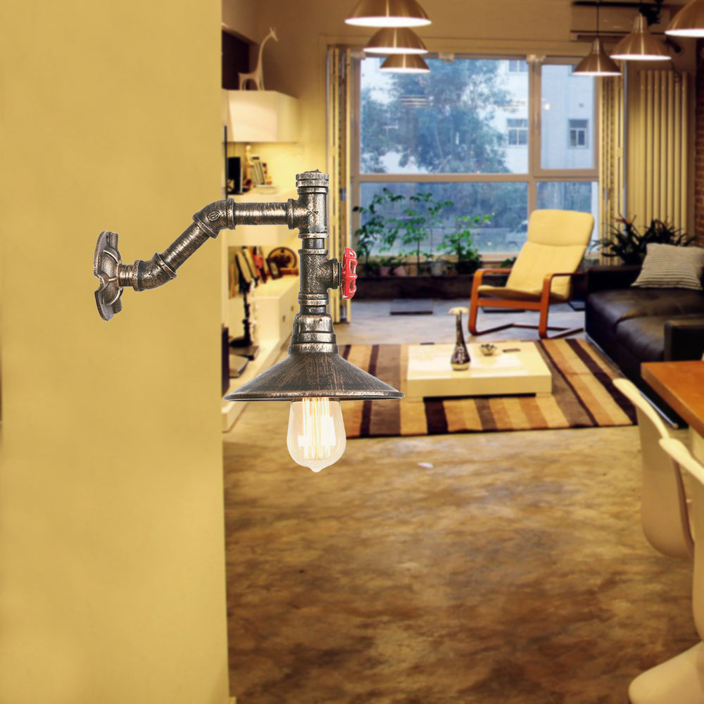 BowLift | 1 bulb conical wall mount light rustic style antique bronze metal wall lighting with piping