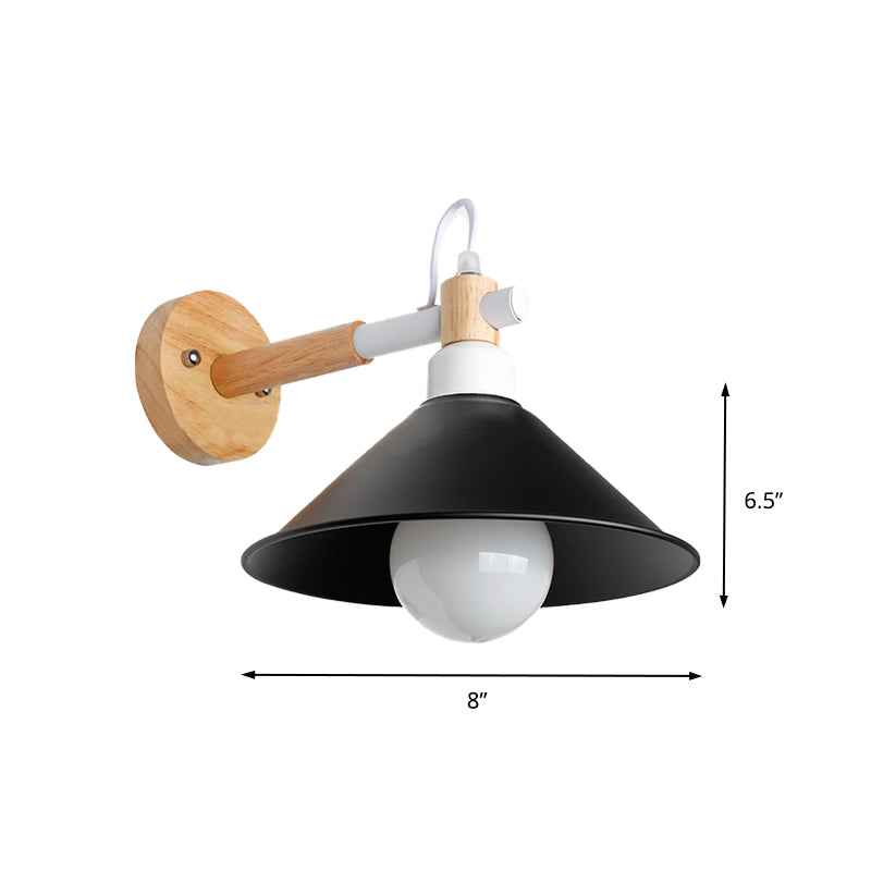 BowLift | 1 Head Conical Wall Lamp Light Nordic Style Black Metallic Wall Lighting with Wooden Backing