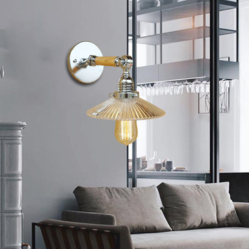 BowLift | 1 Light Clear Ribbed Glass Wall Sconce Light Industrial Chrome Cone Living Room Lighting Fixture, 8"/4"/6" Width Wood Arm